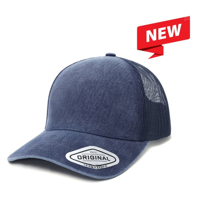 A navy blue mesh cap featuring a curved peak and a logo. The back is made of washed mesh material.