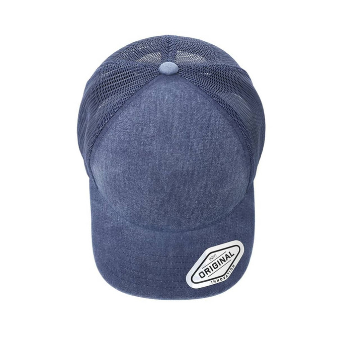 A navy blue washed mesh cap with a mesh back and a logo on the side.