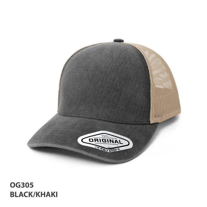 A black and khaki cap with a washed mesh back and an embroidered logo on the front.