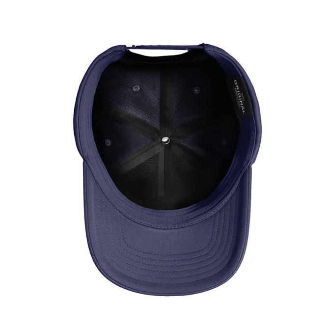 A navy Seam-Free Tech A-Frame cap featuring an interior view with a smooth finish and a logo.
