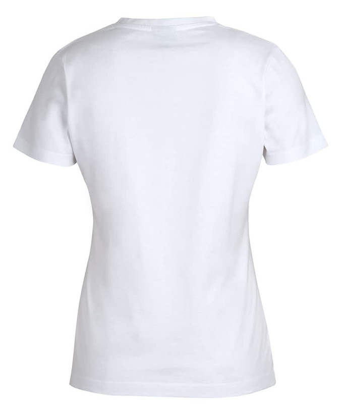 A black ladies' V-neck T-shirt, featuring short sleeves and a fitted design, with a logo on the front.