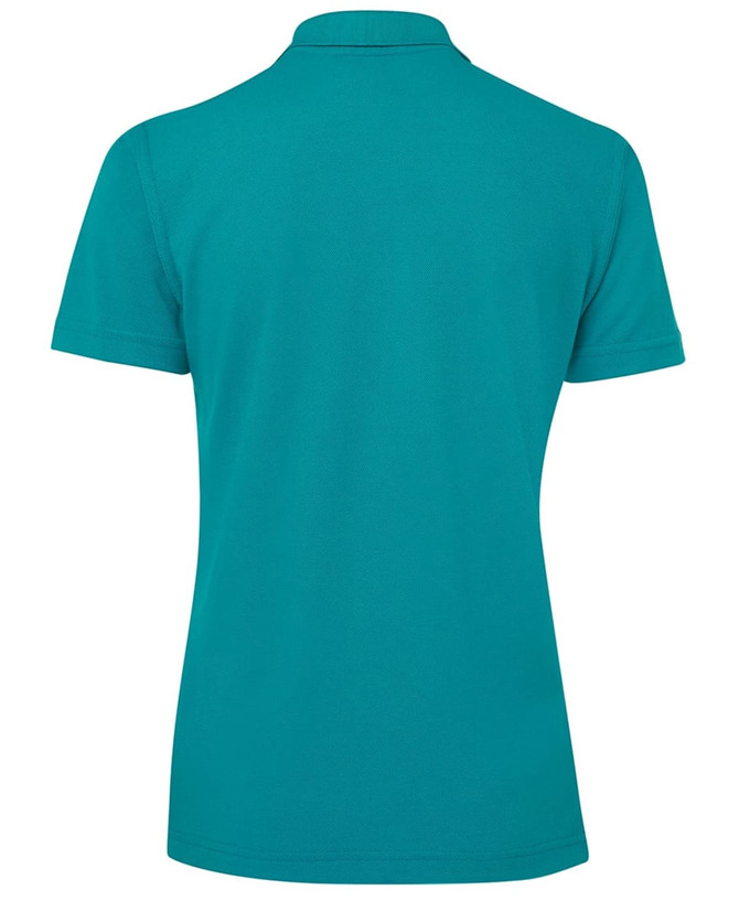 A turquoise polo shirt for women with a classic collar and short sleeves, featuring a logo on the back.