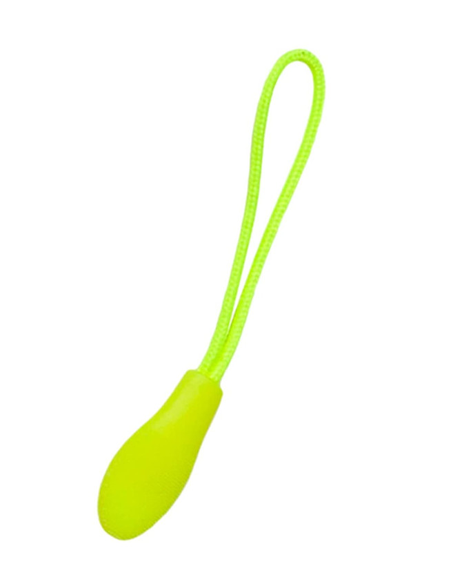 A bright yellow zip puller with a textured grip and a looped cord for easy attachment.