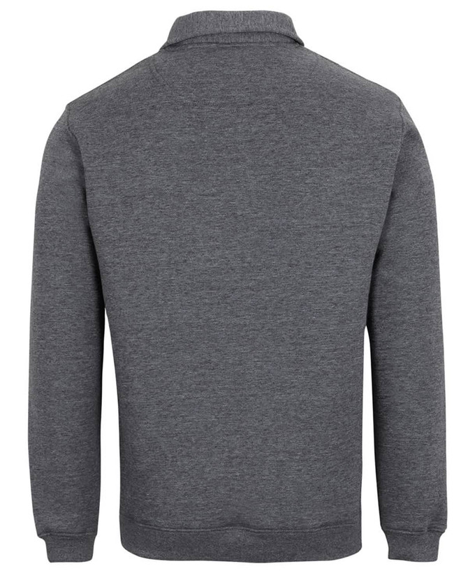 A grey 1/2 zip fleece jumper, featuring long sleeves and a simple design, with a logo on the back.