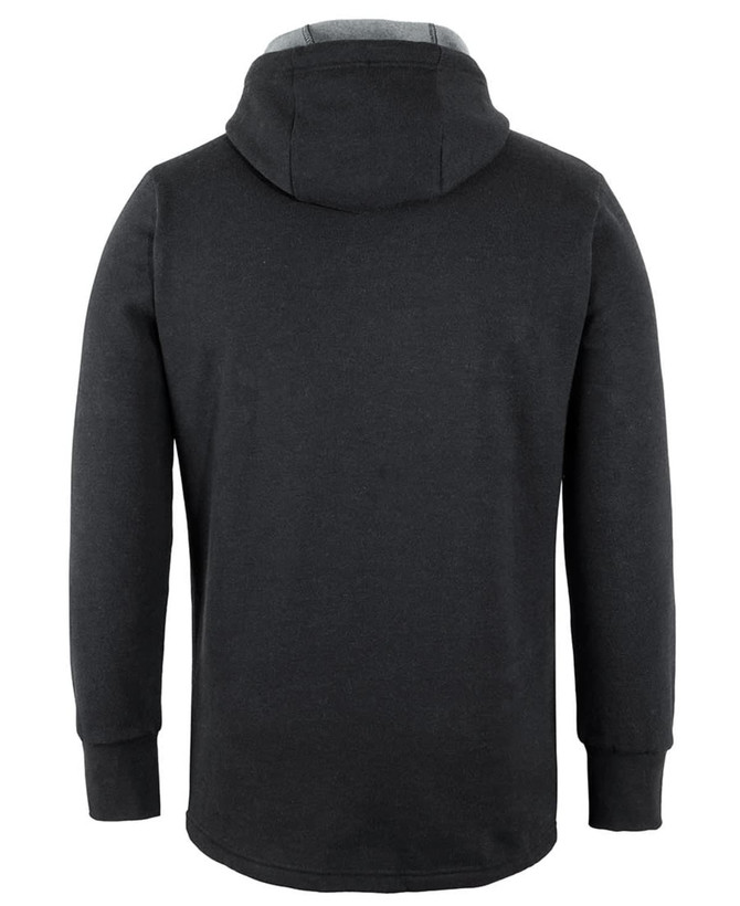 A black hoodie with a grey-lined hood, featuring a logo on the back. Designed as a casual jumper.
