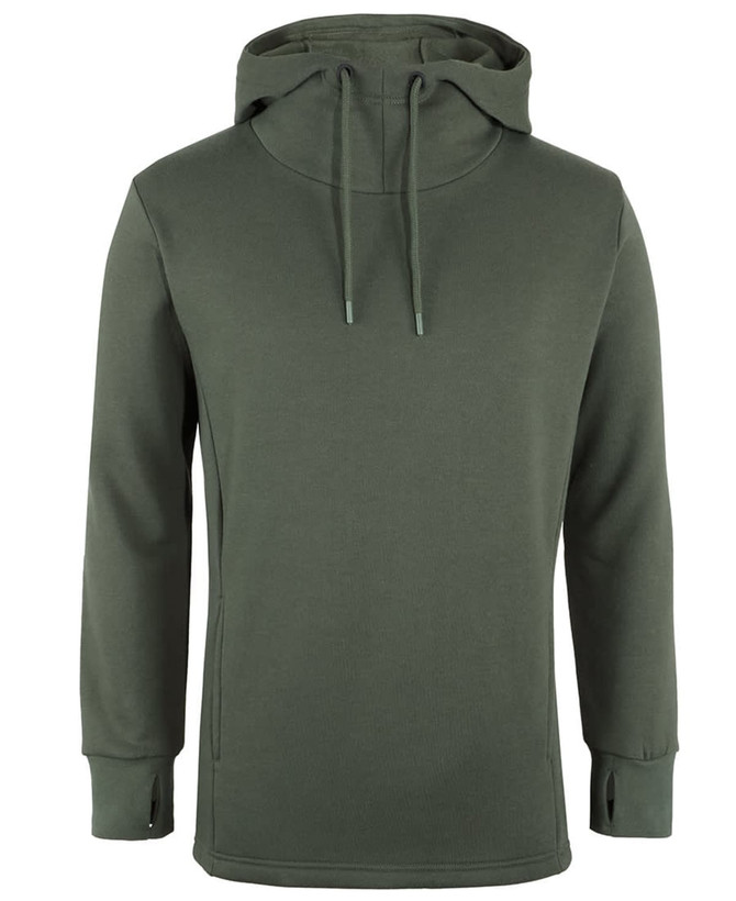 A green podium sports hoodie featuring a hood, long sleeves, and a minimalist design. It has an emblem present.