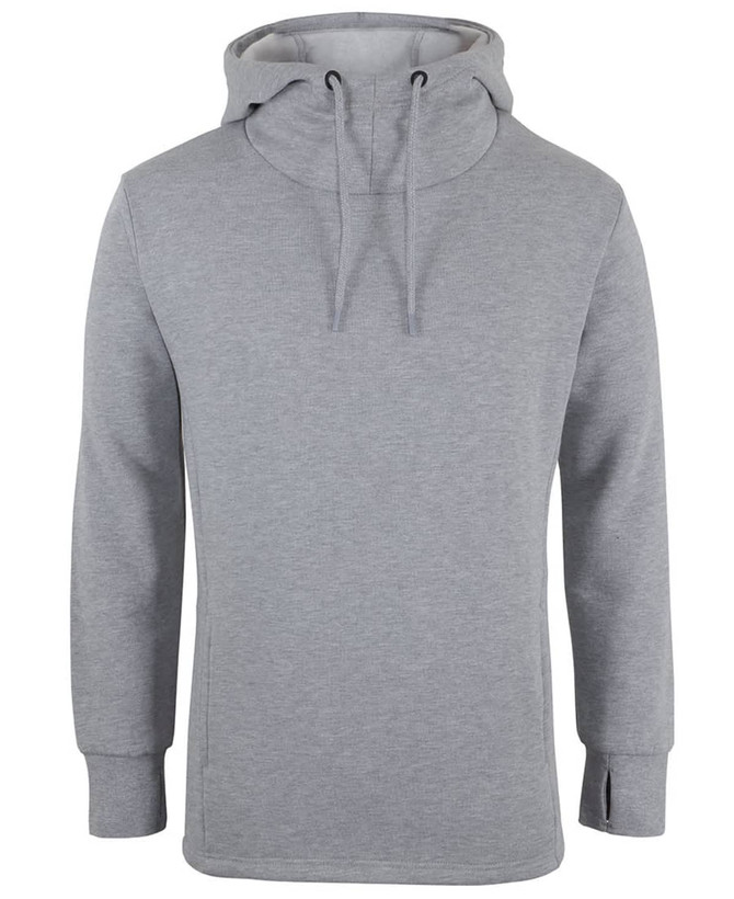 A grey sports hoodie with a drawstring hood and a casual fit. Features a logo on the front.