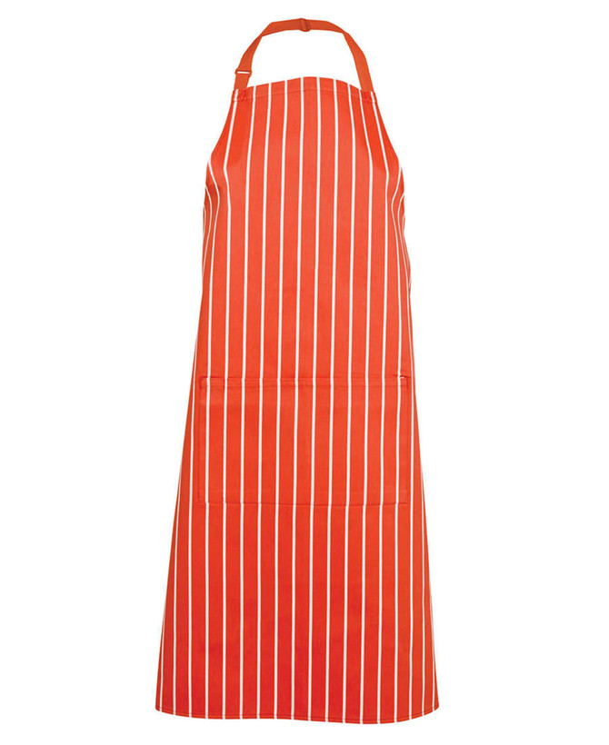 An orange striped apron with a pocket, featuring a neck strap and adjustable tie.