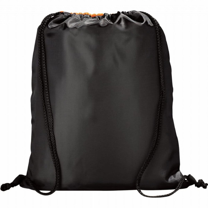 A black drawstring sportspack with contrasting orange accents and durable cords. It features a logo on the front.