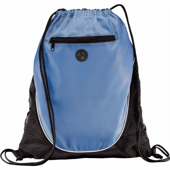 A blue and black drawstring sportspack with a mesh pocket and a logo on the front.