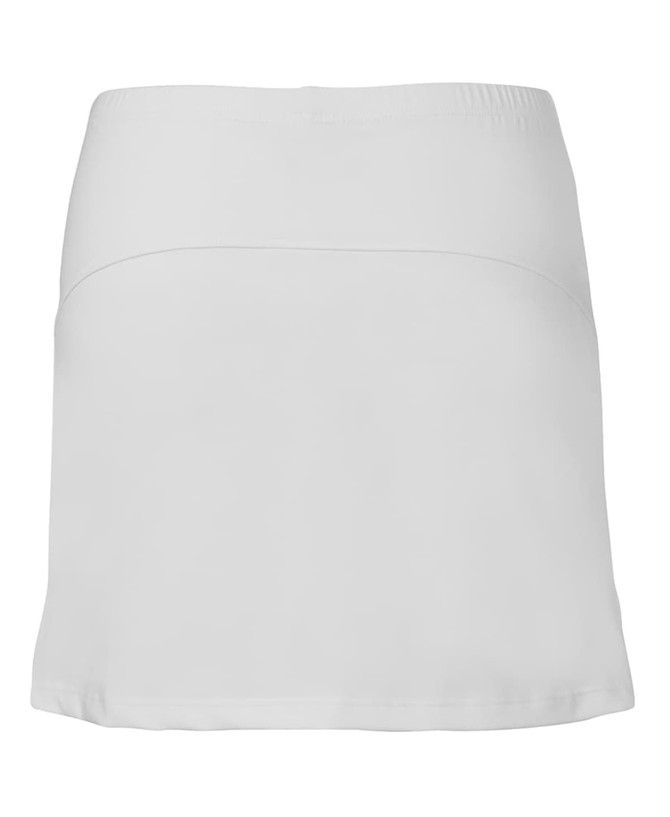A white skort with a smooth design and an elastic waistband, featuring a subtle logo.