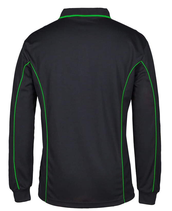 A black long-sleeve polo shirt featuring green piping along the seams and a logo on the front.