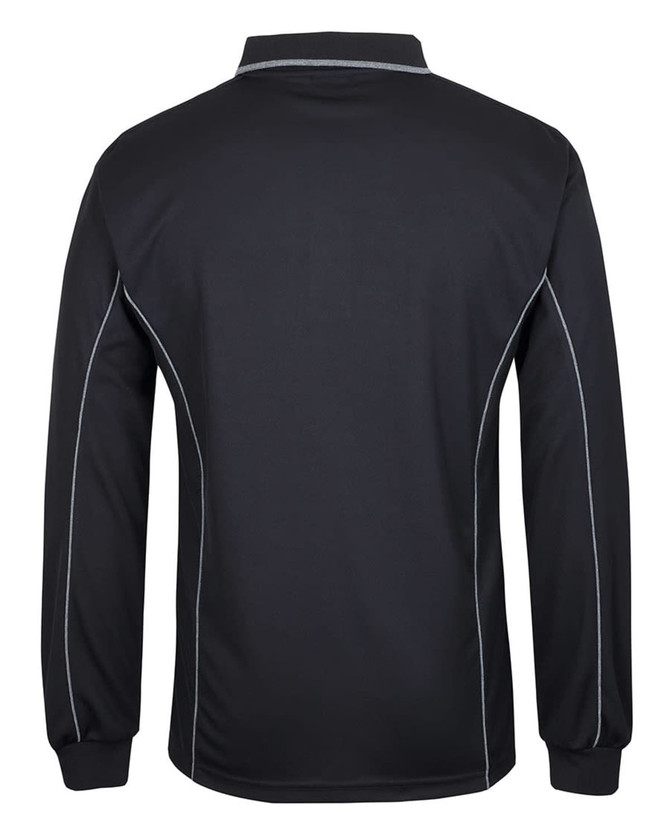 A black long-sleeve polo shirt with grey piping and a logo on the collar.