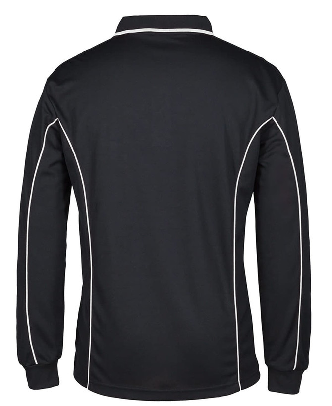 A black long-sleeve polo shirt with white piping details and a collar, featuring a logo on the front.