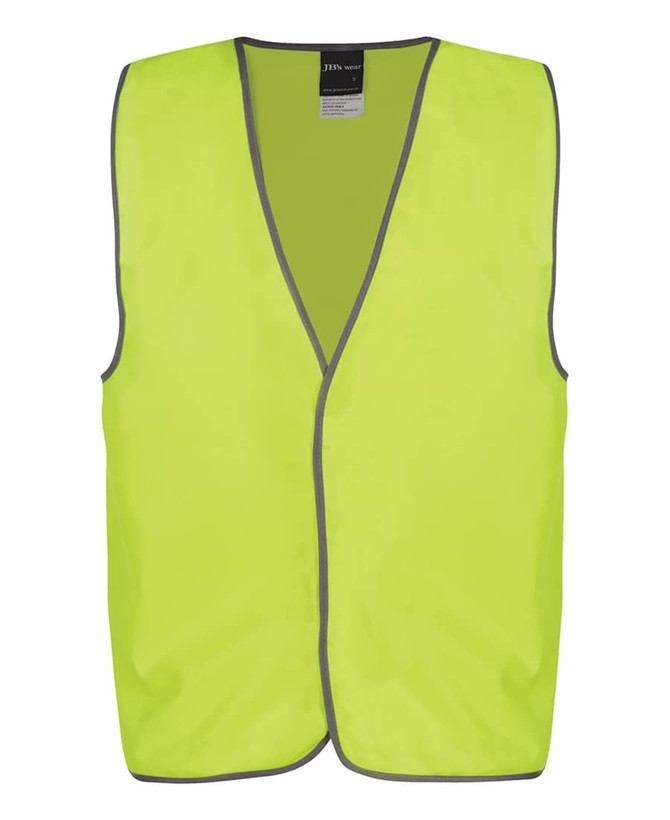 A lime green safety vest with trim, featuring a branded logo, suitable for safety wear uniforms.