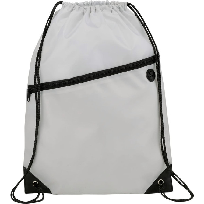 A white drawstring sportspack with a black zipped pocket and black accents, featuring a logo.
