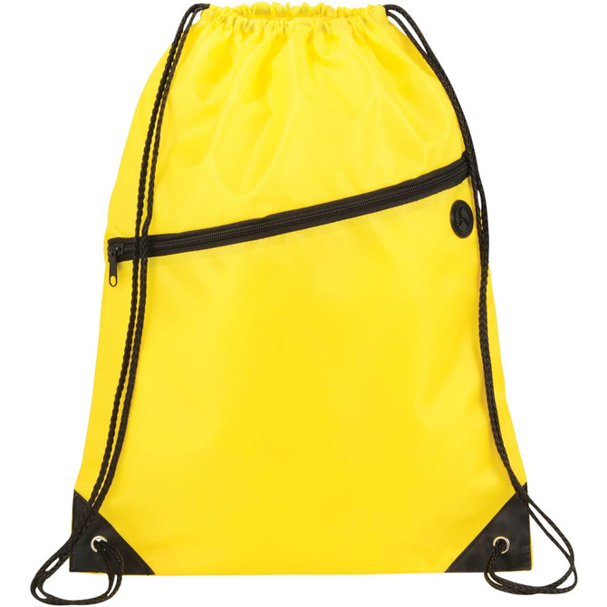 A bright yellow drawstring sportspack with a zippered pocket and black accents. Features a logo.