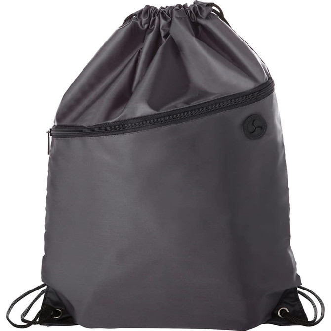 A dark grey drawstring sportspack with a zippered pocket and a brand logo. Ideal for carrying essentials.