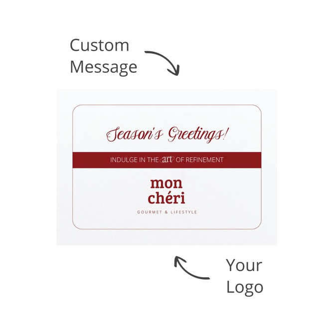 A white card featuring a festive greeting with a red accent and space for a custom message. Includes a logo.