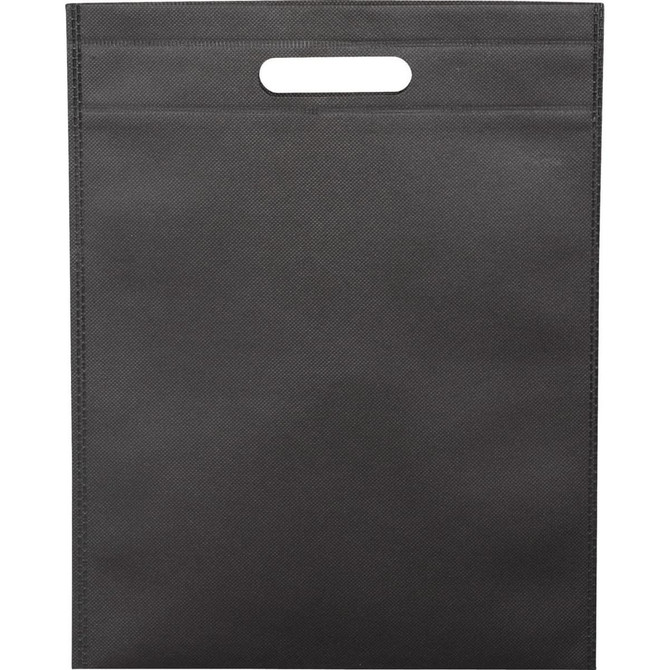 A black non-woven tote bag with a cut-out handle and no visible logos or branding.