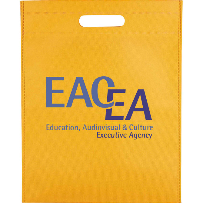 A yellow non-woven tote bag featuring a logo and a top handle for easy carrying.