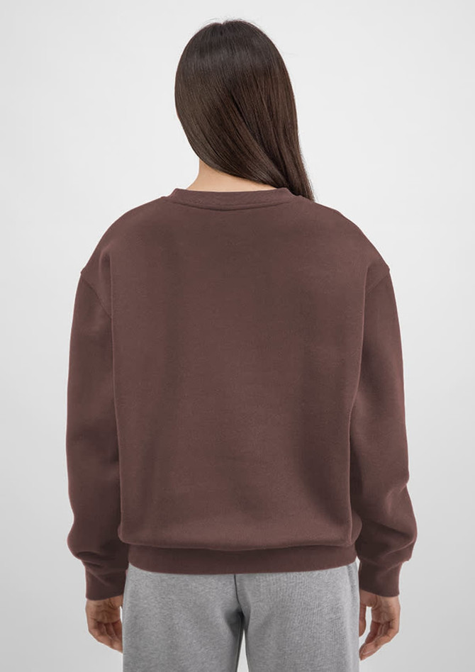 A brown women's crew sweatshirt with long sleeves and a relaxed fit, featuring a simple design and no visible branding.