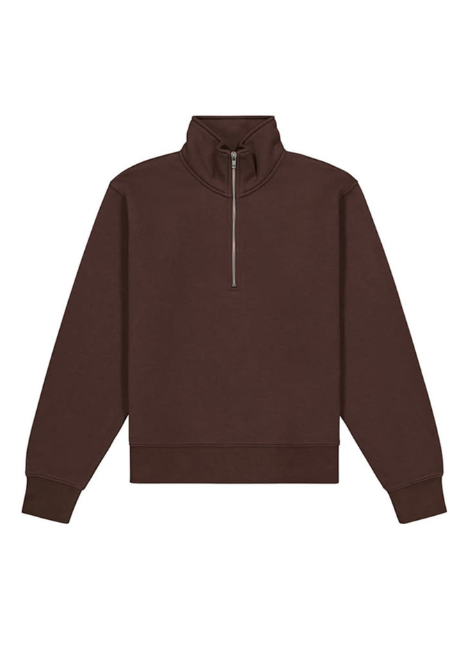 A brown 1/4 zip jumper featuring long sleeves and a high collar. It has a branding logo on it.