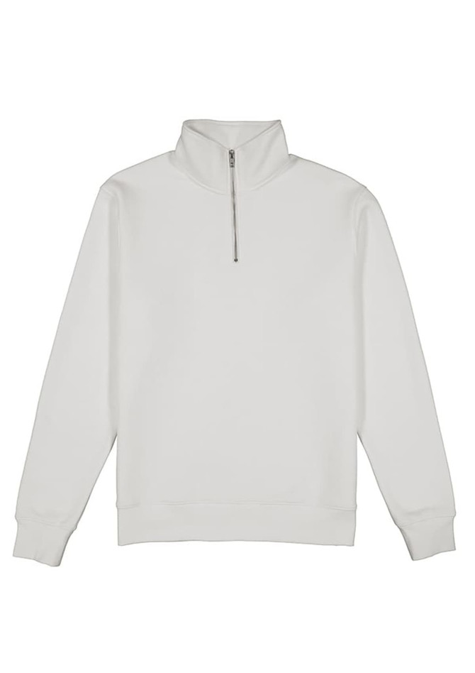 A white men's 1/4 zip jumper with long sleeves and a collar, featuring a zip at the neck and a logo.