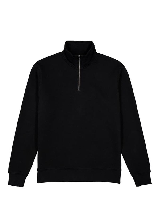 A black men's 1/4 zip jumper featuring a high collar and long sleeves, with a small zip at the front.