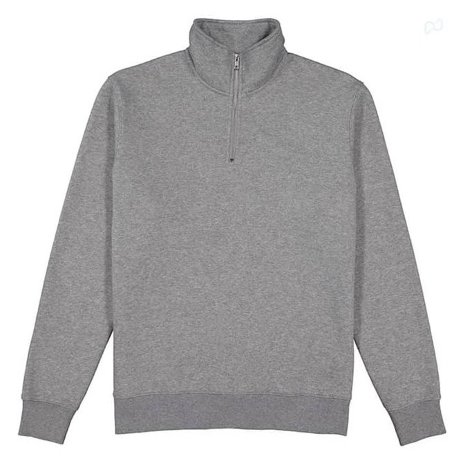 A grey 1/4 zip jumper with long sleeves and a high collar, featuring a logo on the chest.