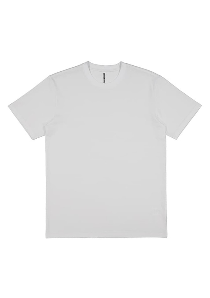 A plain white short sleeve tee with a crew neckline, featuring a logo at the label.