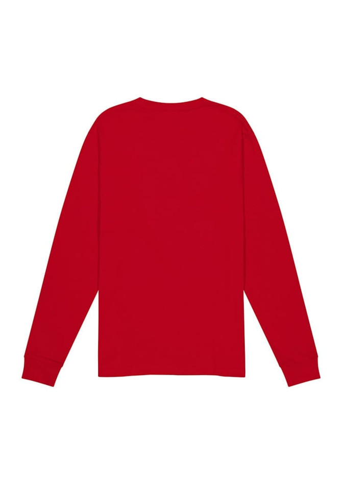 A long sleeve tee in bright red, featuring a plain back and fitted sleeves. It has a logo on the tag.