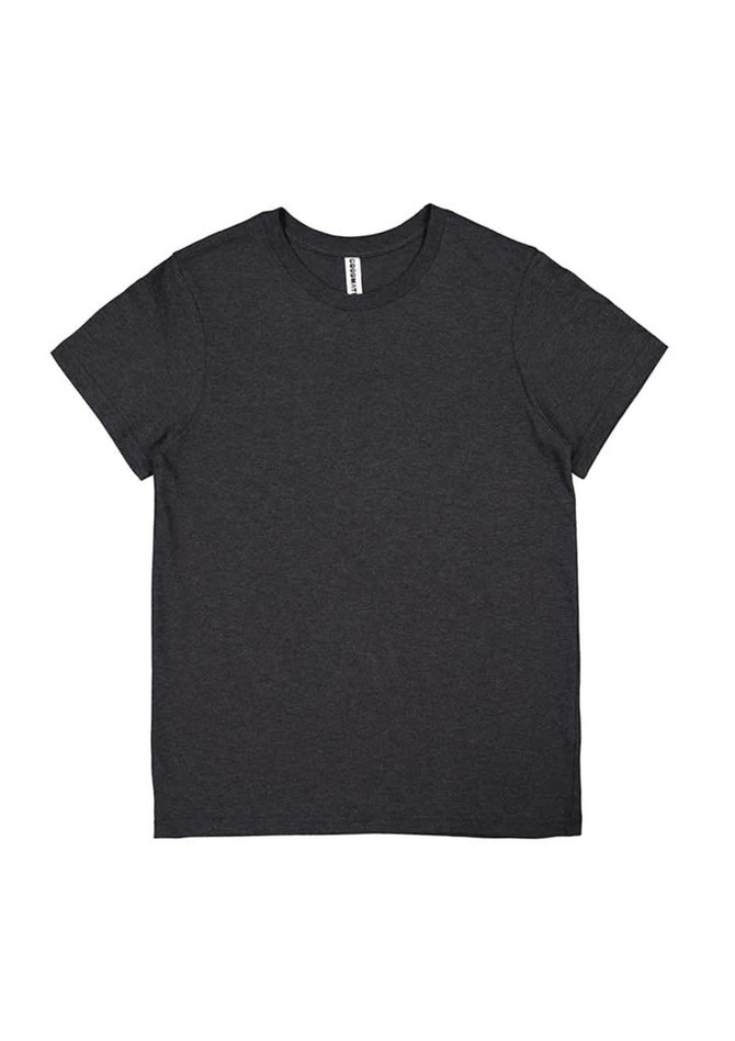 A women's short sleeve tee in dark grey, featuring a simple design and a logo on the label.