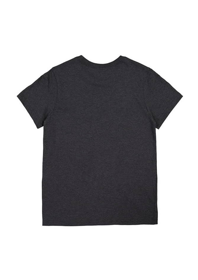 A dark grey women's short sleeve t-shirt featuring a plain back design and a logo.