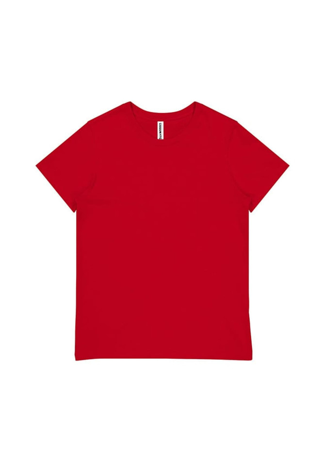 A red women's short sleeve tee featuring a simple design and a branding label.