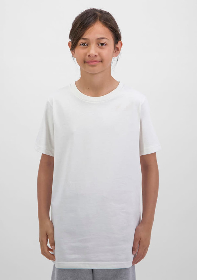 A white short sleeve tee for kids, featuring a simple design and a logo on the front.
