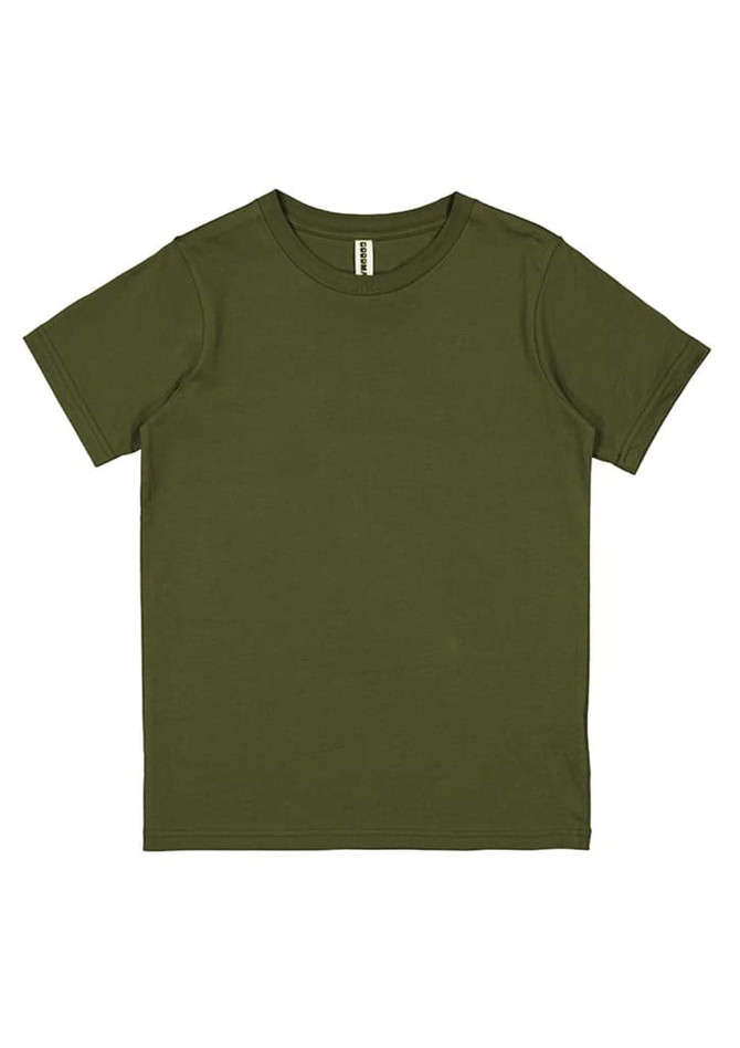A green short sleeve T-shirt with a crew neck and no visible designs or patterns. It features a branding label.
