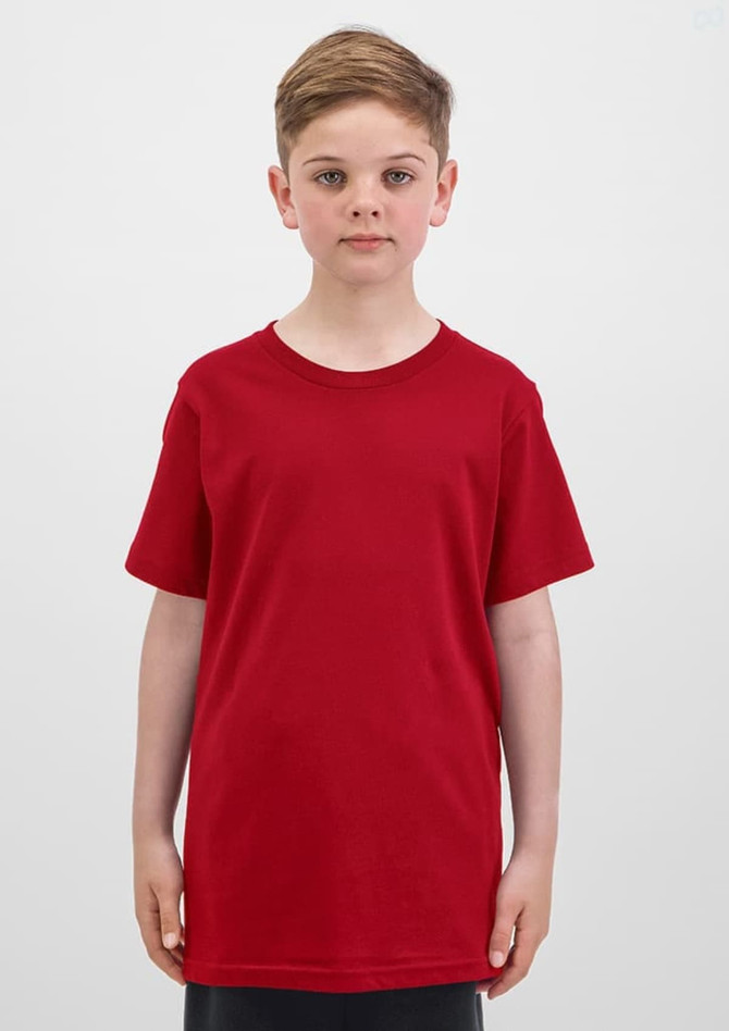 A red short sleeve tee for kids, featuring a simple design and a logo on the front.