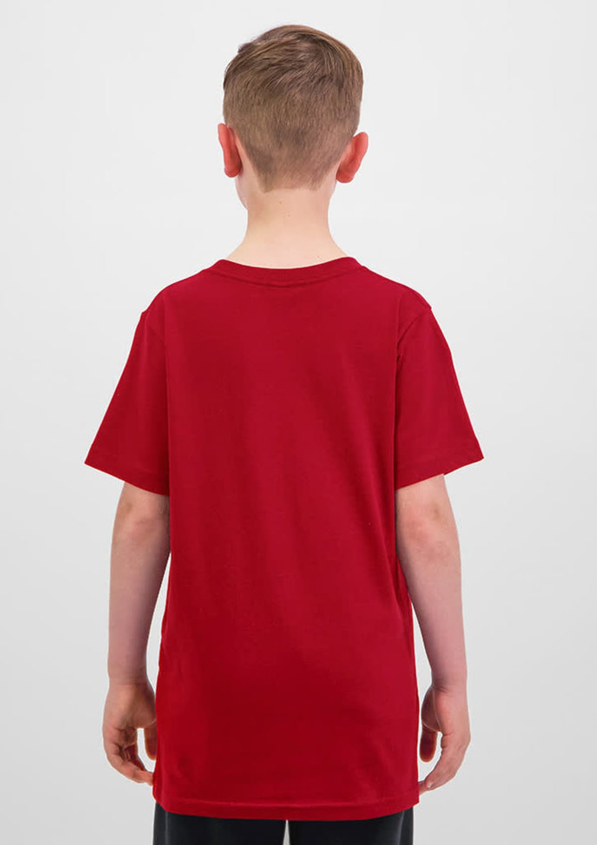 A red short sleeve T-shirt viewed from the back, featuring a simple design and a logo.