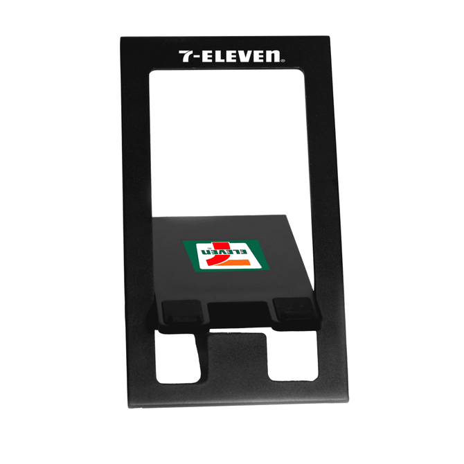 A black foldable phone stand featuring a logo, designed for holding mobile devices securely.