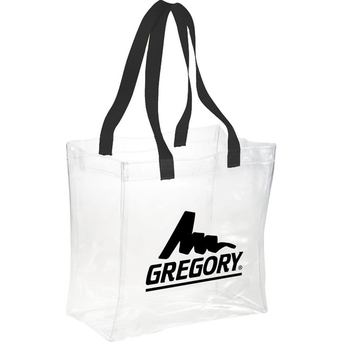 A clear tote bag with black handles and a logo on the front, suitable for events.