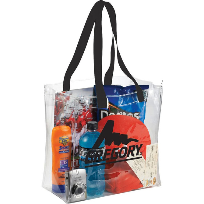A clear tote bag filled with snacks, a drink bottle, sunscreen, a baseball cap, and a camera, featuring a logo.