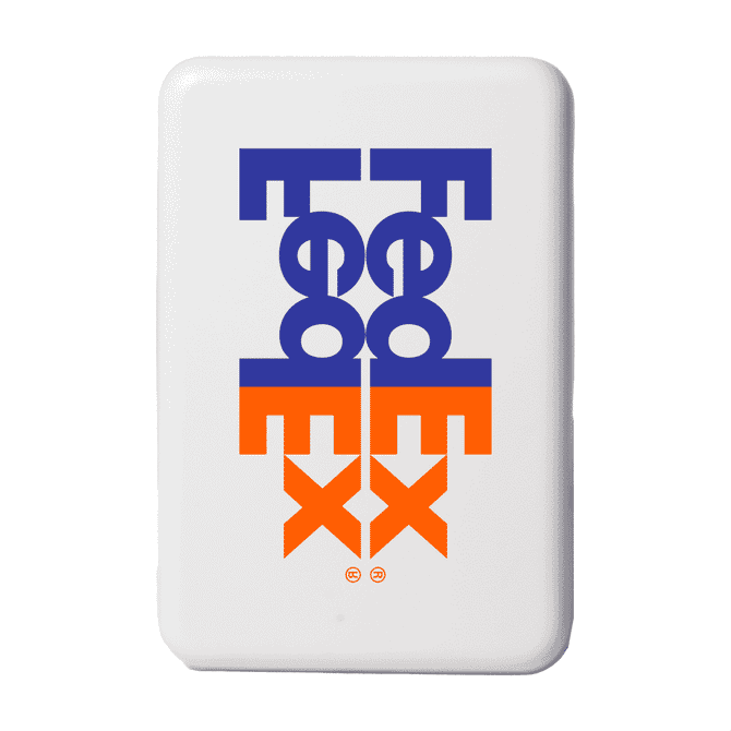 A white wireless charging powerbank featuring a logo in purple and orange.