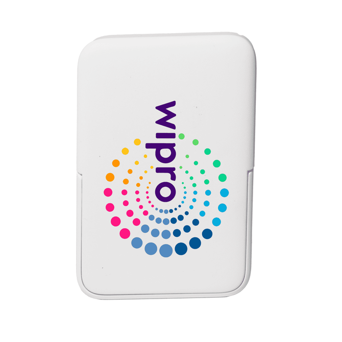A white wireless charging power bank with a colourful circular logo and a smooth finish.
