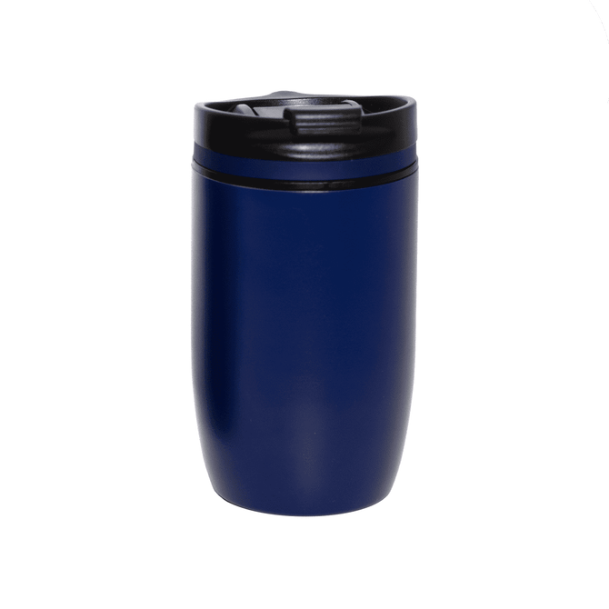 A drink bottle with a navy blue finish and a black lid, featuring a logo on the side.