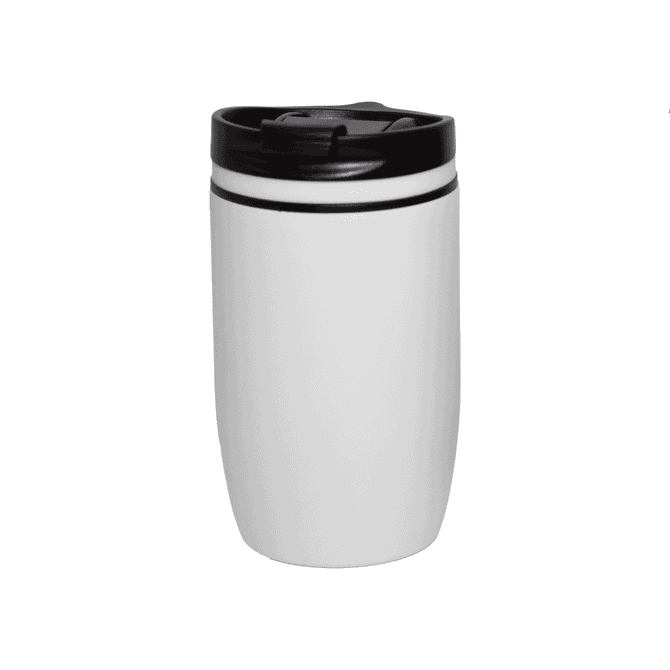 A drink bottle featuring a white body with a black lid, designed as a vacuum cup for temperature retention.