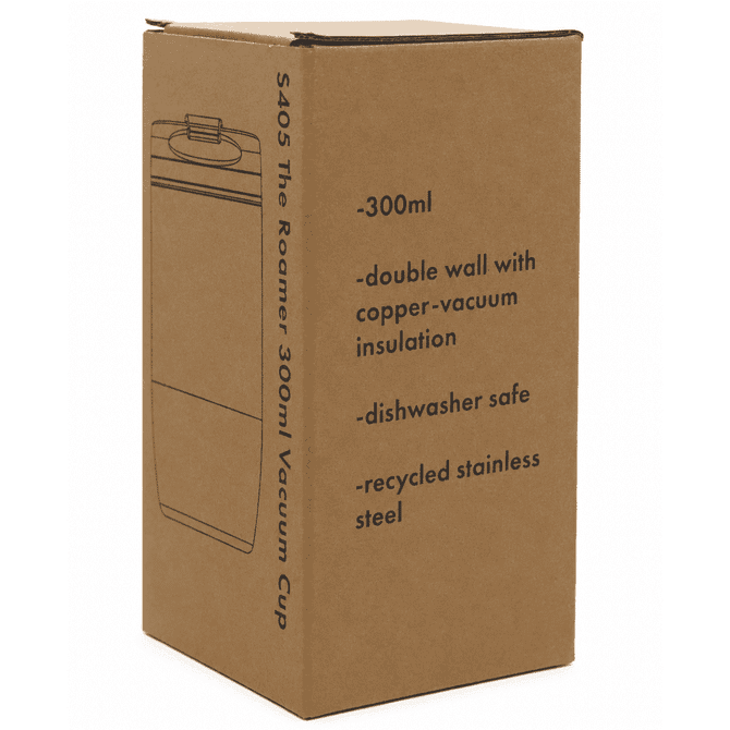 A drink bottle in a box, featuring a brown cardboard design. The contents are a 300ml vacuum cup made from recycled stainless steel.