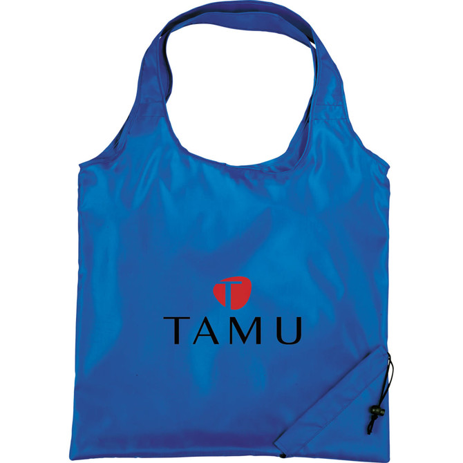 A blue foldaway tote bag featuring a logo, with adjustable straps and a pouch for compact storage.