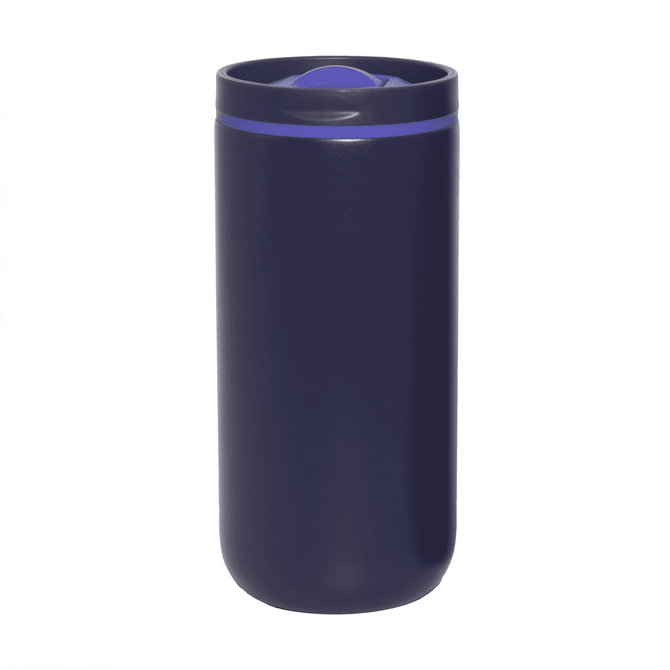 A drink bottle with a dark navy body and a purple silicone lid, featuring a logo on the surface.