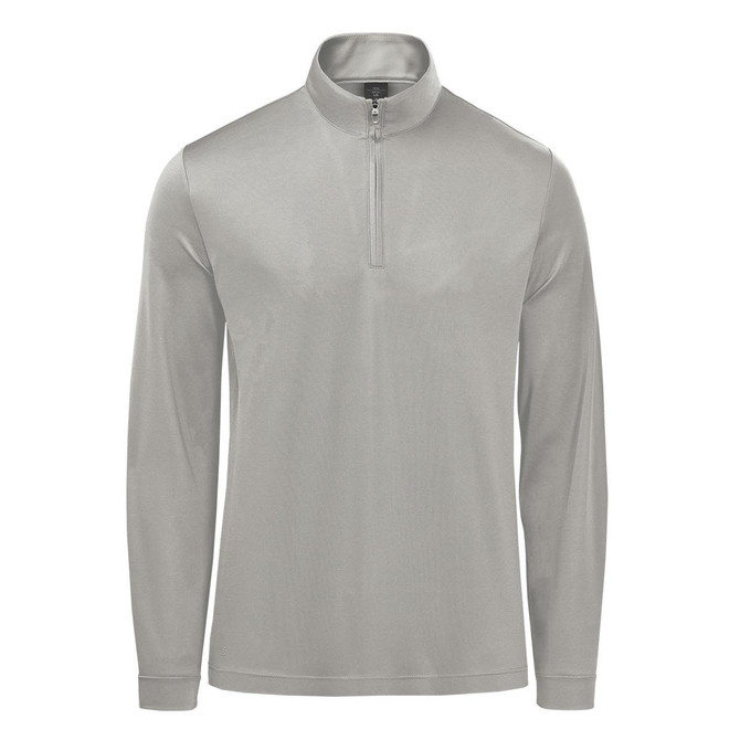 A grey men's pullover featuring a 1/4 zip and long sleeves, with a logo on the chest.